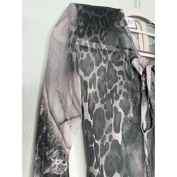 TUBO sheer printed long sleeve bodysuit with shoulder pads luxury art deco - Picture 4 of 8